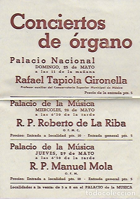 M&uacute;sica de colecci&oacute;n: Conciertos de &oacute;rgano. Palacio de la M&uacute;sica. Barcelona, a&ntilde;os 50. 22x16 cm. 1 h.
