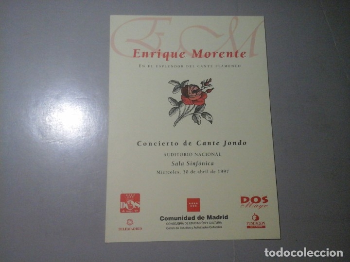 M&uacute;sica de colecci&oacute;n: ENRIQUE MORENTE / JUAN HABICHUELA. PROGRAMA CONCIERTO AUDITORIO NACIONAL ABRIL 1997. FLAMENCO. RARO