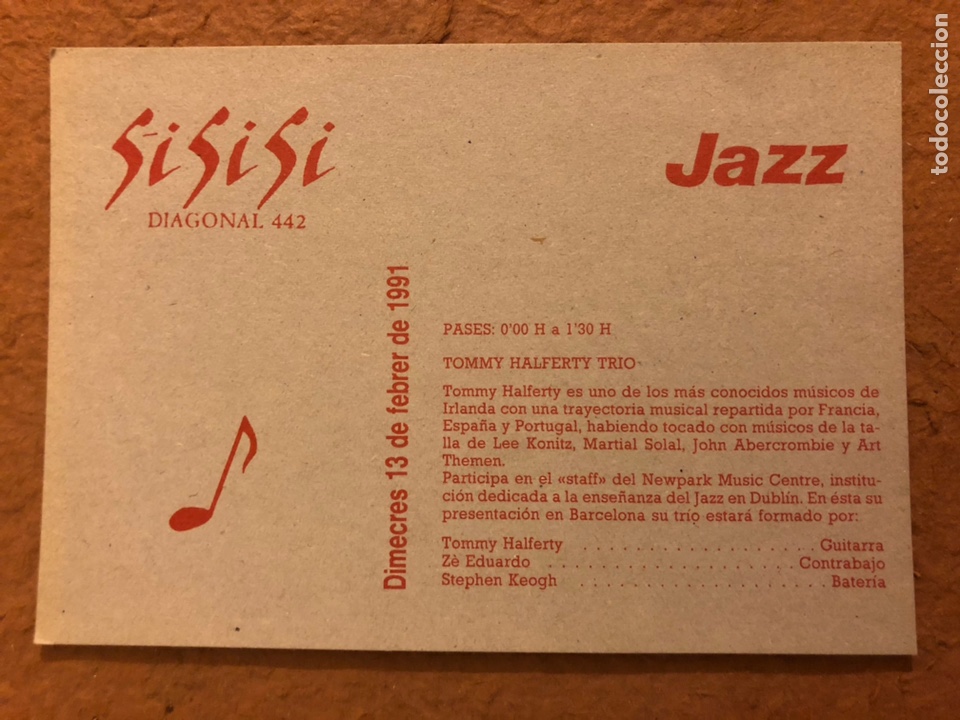Collectible Music: TOMMY HALFERTY TRIO EN SISISI (BARCELONA) . POSTAL CIRCULADA PROMOCIONAL CONCIERTO 1991.