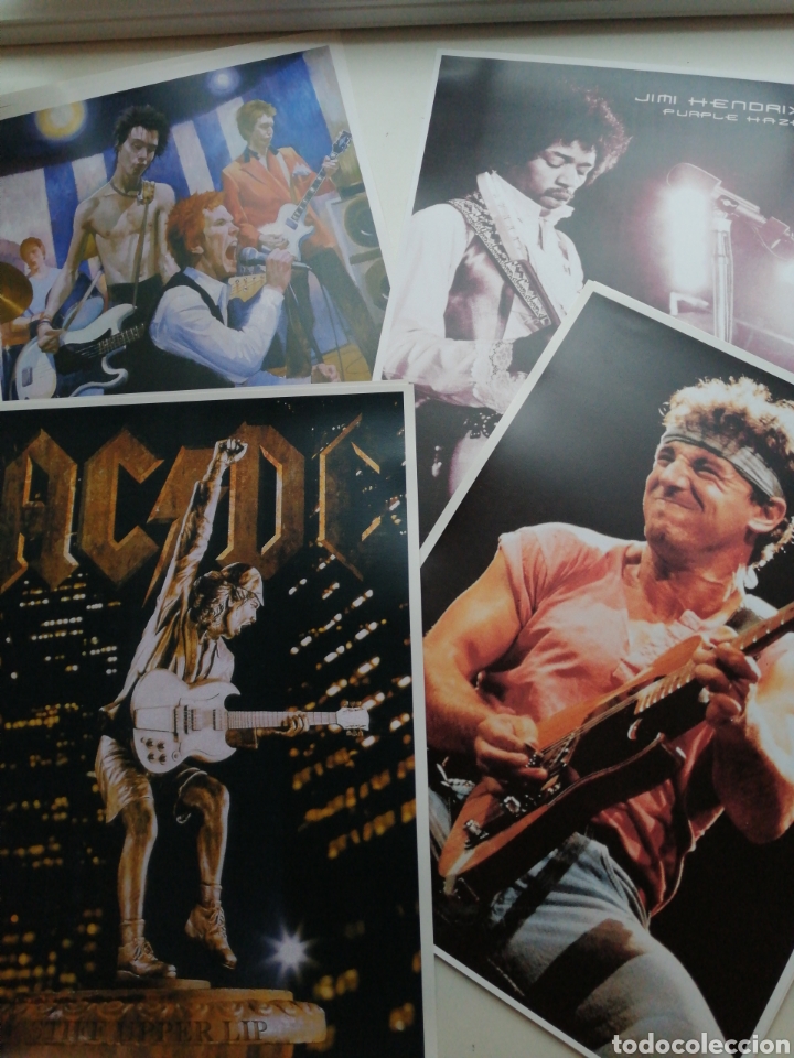 M&uacute;sica de colecci&oacute;n: 4 FOTO CARTELES GUITARRAS ROCK... AC/DC----HENDRIX----BRUCE---SEX PISTOLS