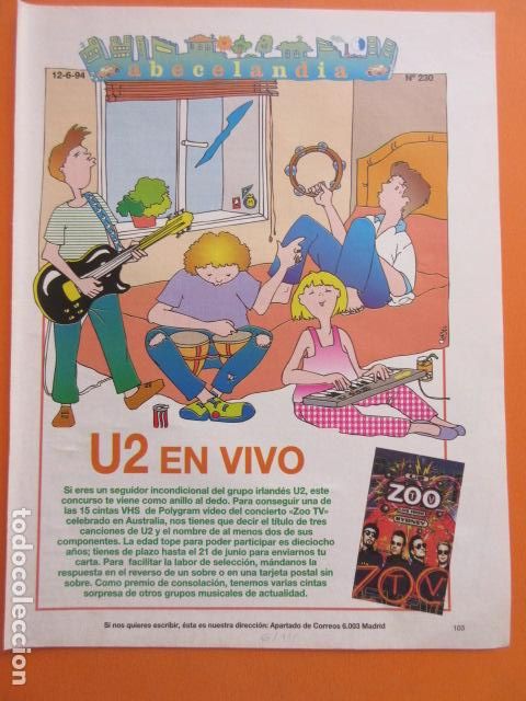 M&uacute;sica de colecci&oacute;n: ARTICULO 1994 - U2 VIDEO ZOO TV - TAMA&Ntilde;O 22,5 x 30 CM HOJA - 1 PAGINAS