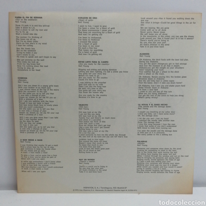 M&uacute;sica de colecci&oacute;n: NEIL YOUNG, HARVEST. HOJA INTERIOR DEL LP - Foto 2