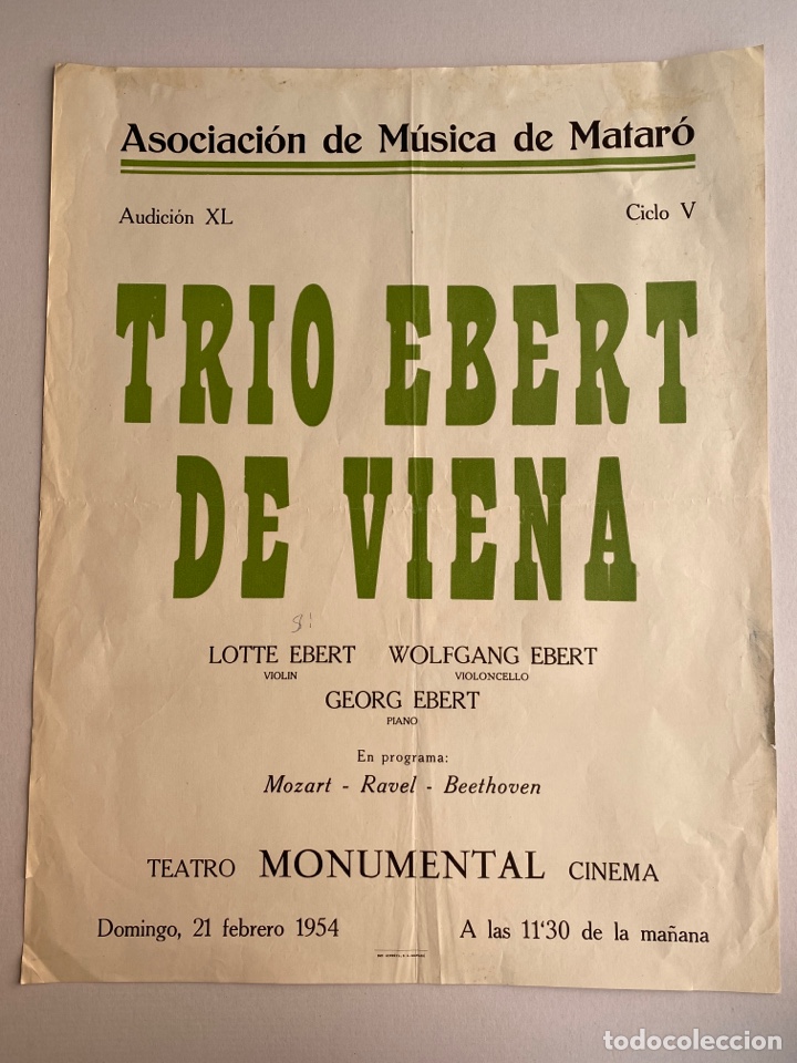 M&uacute;sica de cole&ccedil;&atilde;o: Cartel p&oacute;ster asociaci&oacute;n de m&uacute;sica de Matar&oacute; Trio Ebert de Viena 1954 teatro monumental