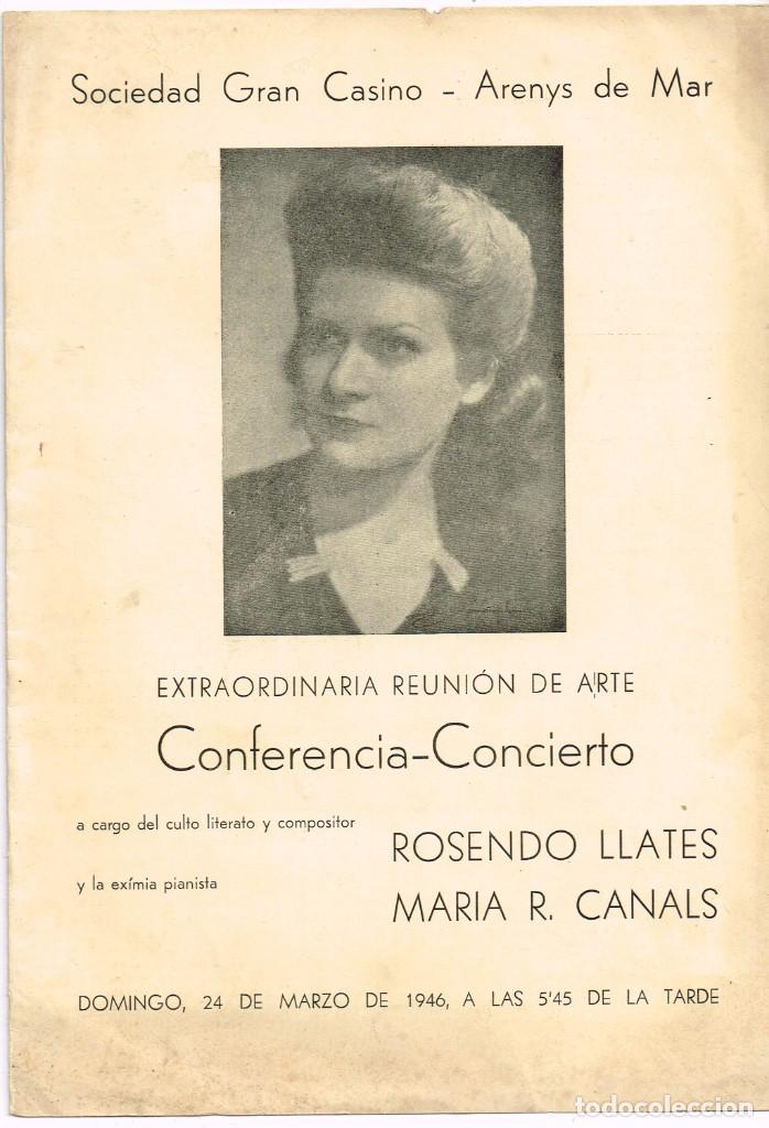Musica di collezione: 1946 CONFERENCIA-CONCIERTO R. LLATES, MAR&Iacute;A R. CANALS - SOCIEDAD GRAN CASINO, ARENYS DE MAR