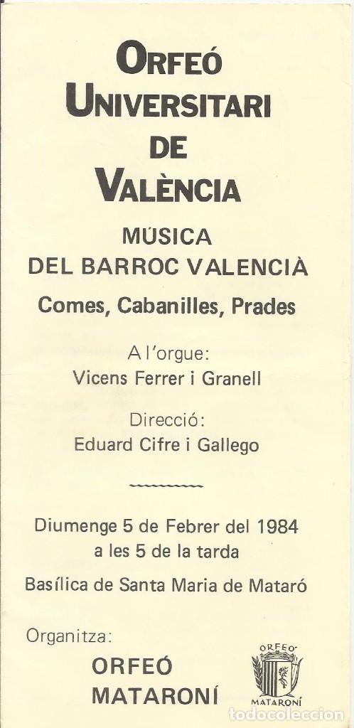 M&uacute;sica de colecci&oacute;n: Orfe&oacute; Universitari de Val&egrave;ncia. M&uacute;sica Barroca. Santa Maria de Matar&oacute;. 1984. Tr&iacute;ptico. 21x10 cm.