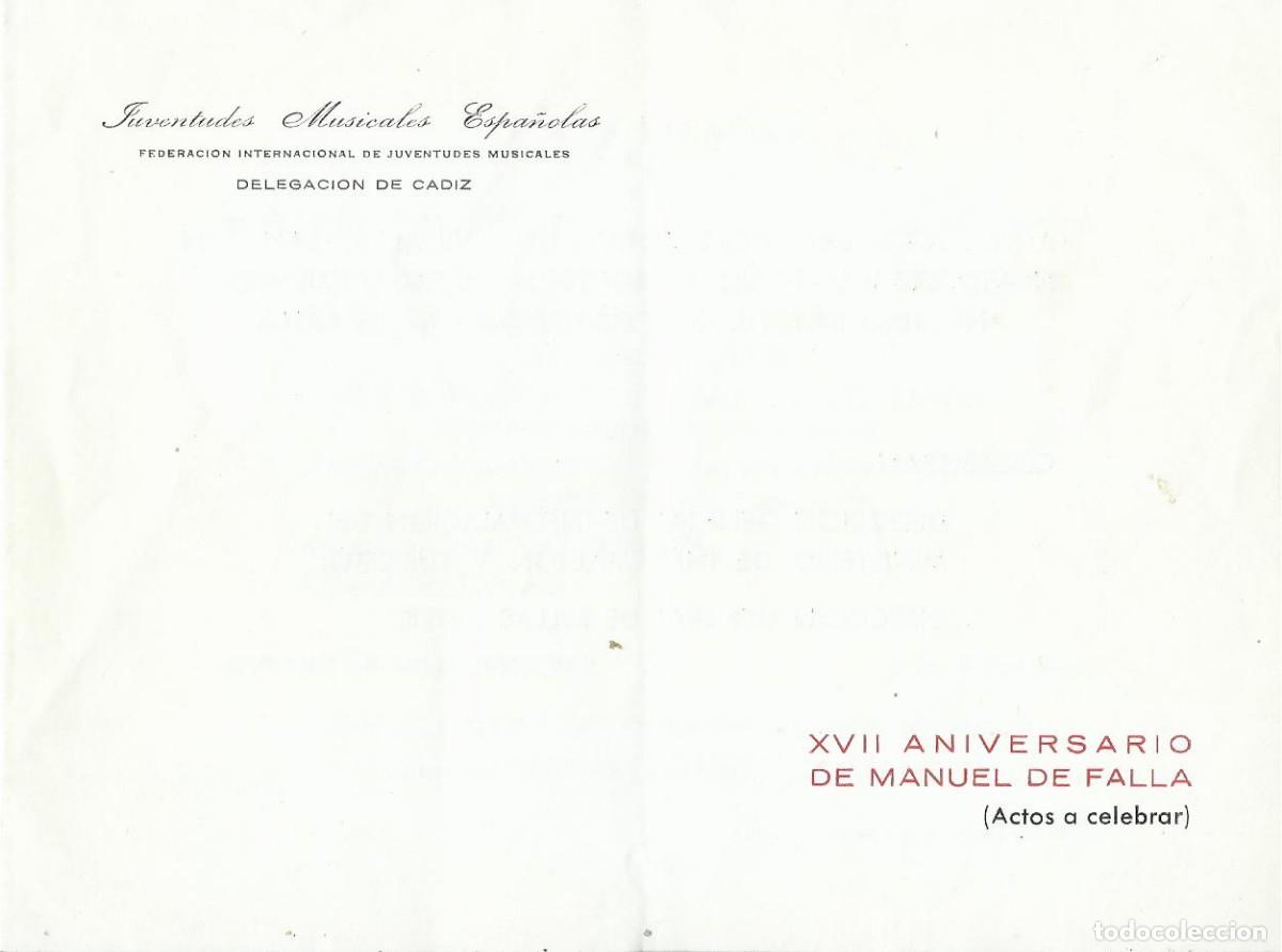 M&uacute;sica de colecci&oacute;n: Programa d&iacute;ptico XVII Aniversario Manuel de Falla- Juventudes musicales espa&ntilde;olas. C&aacute;diz, 14 Nov. 63
