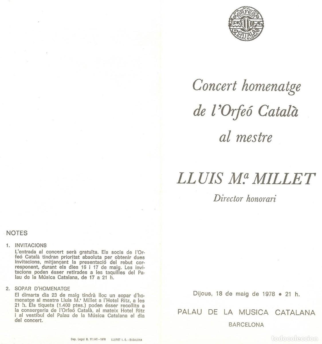M&uacute;sica de cole&ccedil;&atilde;o: Llu&iacute;s Ma Millet Cocert Homenatge Orfe&oacute; Catal&agrave; Maig 1978 (D&iacute;ptic i tarjet&oacute; publicitat llibre)