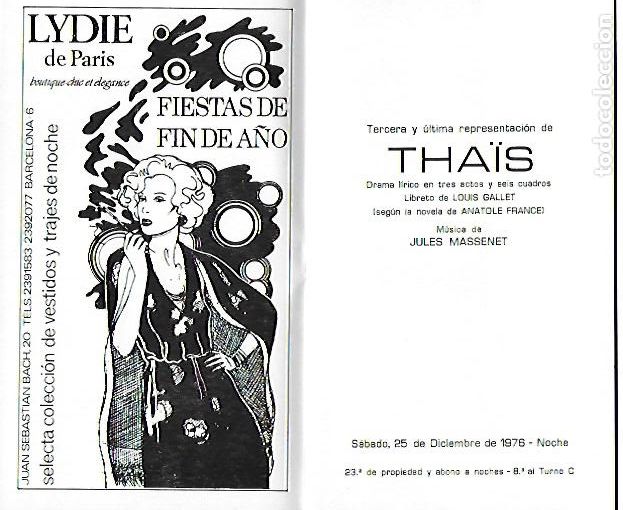M&uacute;sica de colecci&oacute;n: Programa Gran Teatro del Liceo. Temporada 1976-77. Thais / J. Massenet. 17x10cm. 32 p.