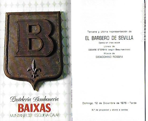 M&uacute;sica de colecci&oacute;n: Programa Gran Teatro del Liceo. Temporada 1976-77. El Barbero de Sevilla / G.Rossini. 17x10cm. 32 p.