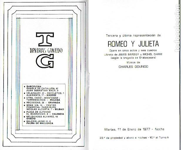 M&uacute;sica de cole&ccedil;&atilde;o: Programa Gran Teatro del Liceo. Temporada 1976-77. Romeo y Julieta / C. Gounod. 17x10cm. 32 p.