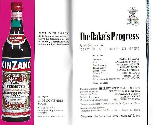 M&uacute;sica de cole&ccedil;&atilde;o: Programa Gran Teatro del Liceo. Temporada 1969-70. The Rake's Progress / I. Strawinsky. 17x10 cm.52p