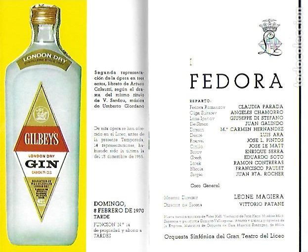 M&uacute;sica de cole&ccedil;&atilde;o: Programa Gran Teatro del Liceo. Temporada 1969-70. Fedora / U. Giordano. 17x10 cm. 52 p