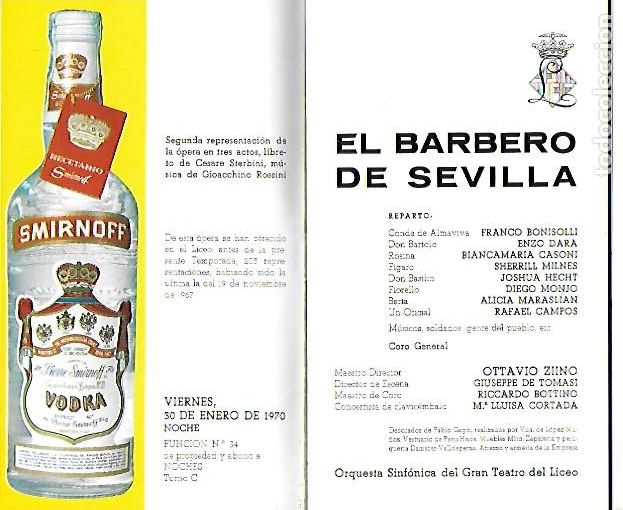 M&uacute;sica de cole&ccedil;&atilde;o: Programa Gran Teatro del Liceo. Temporada 1969-70. El barbero de Sevilla /G. Rossini. 17x10 cm. 52 p