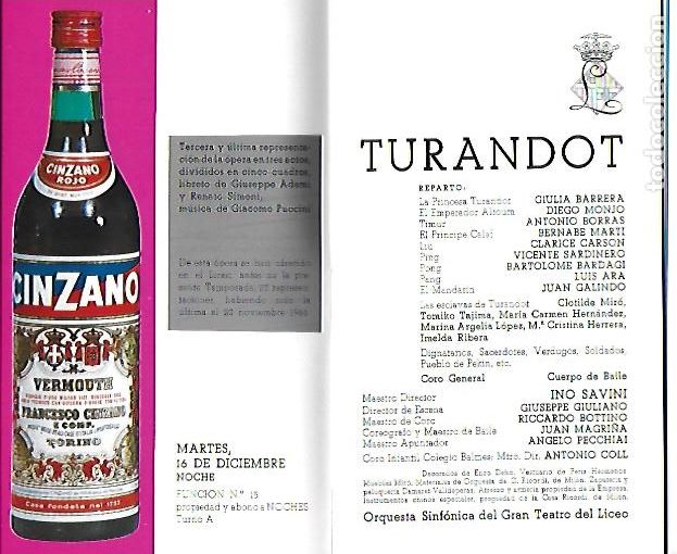 M&uacute;sica de cole&ccedil;&atilde;o: Programa Gran Teatro del Liceo. Temporada 1969-70. Turandot / G. Puccini. 17x10 cm. 52 p