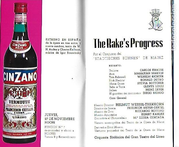 M&uacute;sica de cole&ccedil;&atilde;o: Programa Gran Teatro del Liceo. Temporada 1969-70. The Rake's Progress/ I. Strawinsky. 17x10 cm. 52p