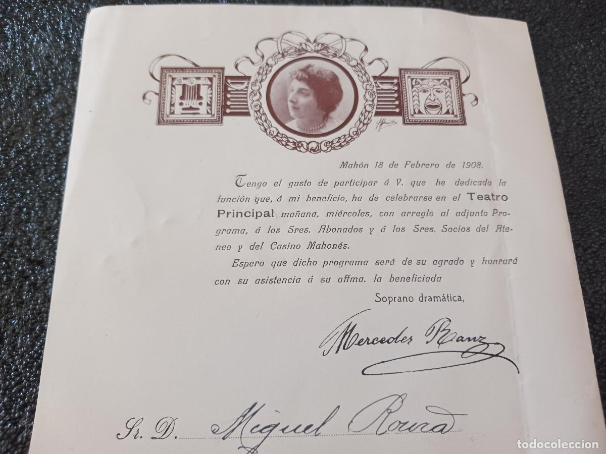 M&uacute;sica de colecci&oacute;n: programa del teatro principal de mahon 1908, funcion de la soprano dramatica, mercedes ranz - Foto 2