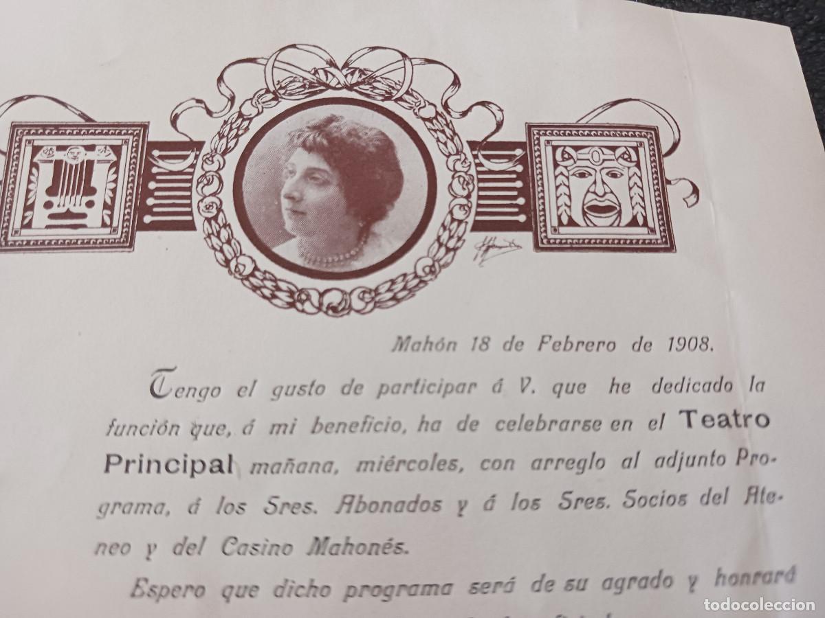 M&uacute;sica de colecci&oacute;n: programa del teatro principal de mahon 1908, funcion de la soprano dramatica, mercedes ranz - Foto 3