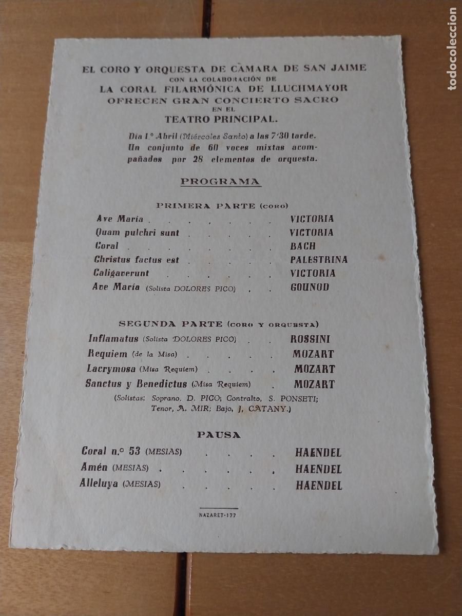 Musique de collection: ORQUESTA Y CORO SAN JAIME CORAL LLUCHMAYOR CONCIERTO TEATRO PRINCIPAL PROGRAMA A&Ntilde;OS 50 17 X 12,5CM