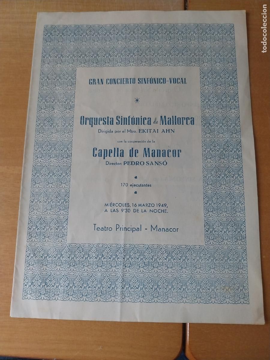 Musiksammlung: ORQUESTA MALLORCA EKITAI AHN CAPELLA MANACOR 1949 PROGRAMA DIPTICO 22 X 16CM CONCIERTO XLI
