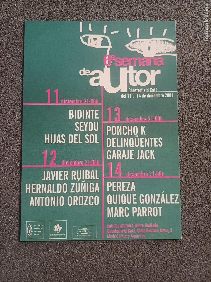 M&uacute;sica de colecci&oacute;n: TARJETA POSTAL MUSICA 6 SEMANA DE AUTOR CHESTERFIELD CAFE 2001 PEREZA, PONCHO K...