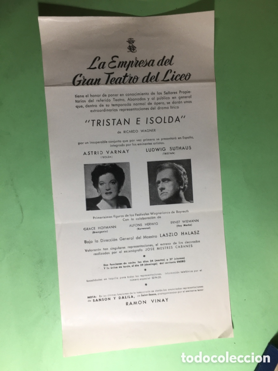 M&uacute;sica de colecci&oacute;n: 50&rsquo;s ca. LICEO BCN TRIST&Aacute;N E ISOLDA WAGNER CON ASTRID VARNAY Y LUDWIG SUTHAUS DE BAYREUTH L. HALASZ