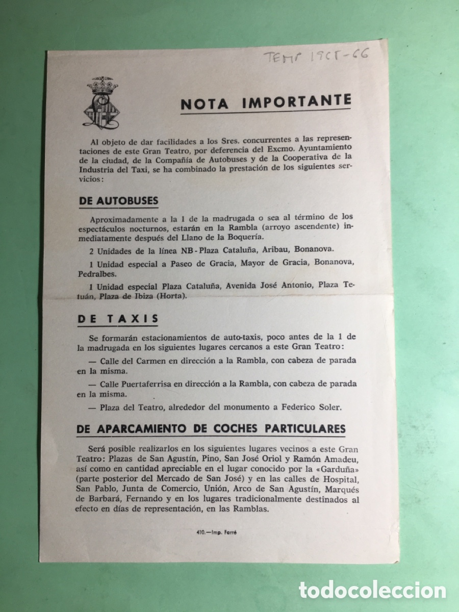 M&uacute;sica de colecci&oacute;n: 1965/66 AYUNTAMIENTO BCN Y LICEO SERVICIOS AUTOBUSES TAXIS Y COCHES A LA SALIDA SESIONES