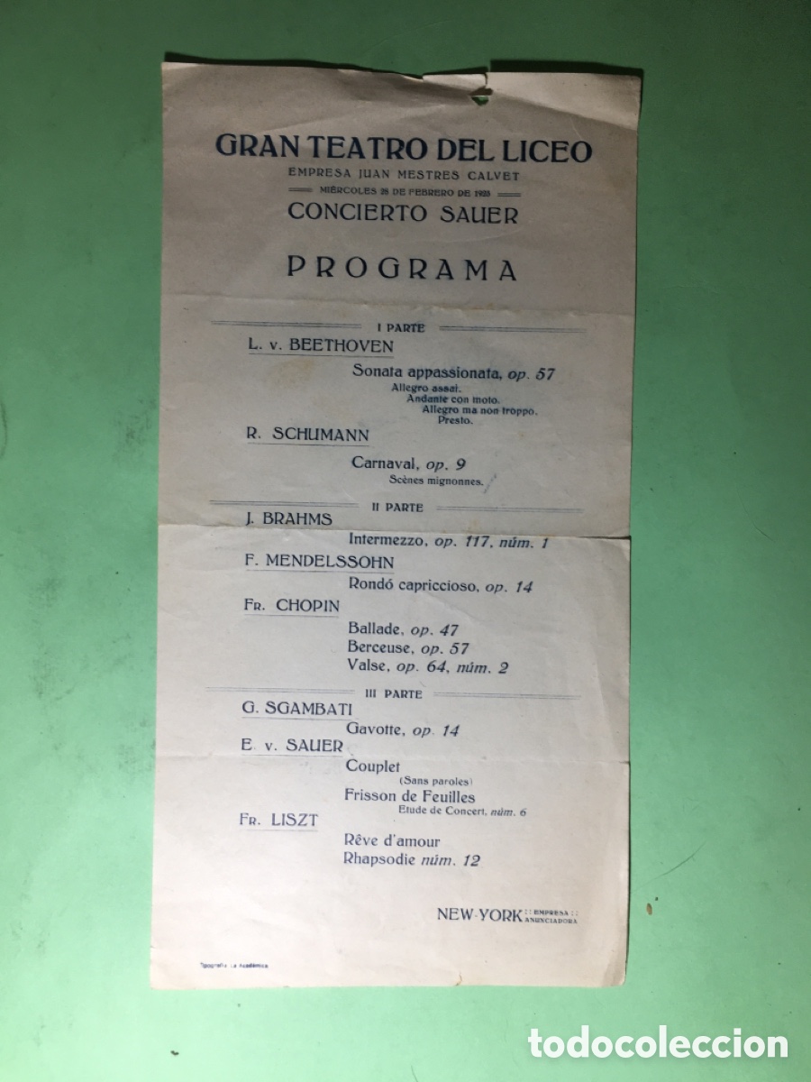 M&uacute;sica de colecci&oacute;n: 1923 28/2 GRAN TEATRO DEL LICEO BARCELONA PROGRAMA CONCIERTO SAUER