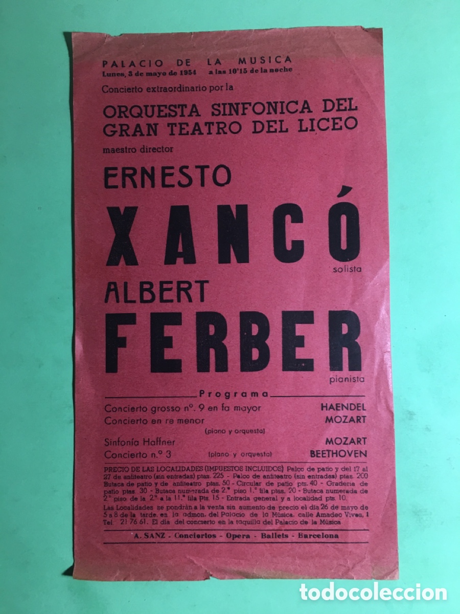 Musica di collezione: 1954 PALACIO M&Uacute;SICA ORQUESTA SINF&Oacute;NICA LICEO ERNESTO XANC&Oacute; ALBERT FERBER PROGRAMA