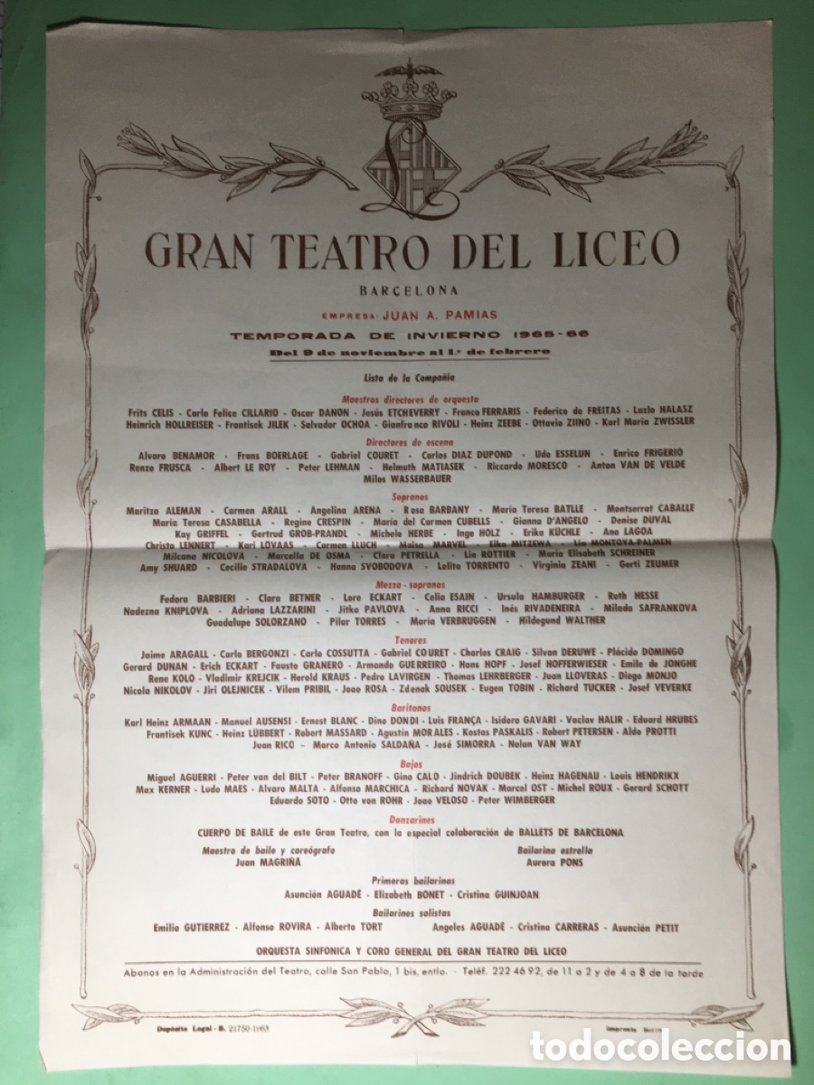M&uacute;sica de colecci&oacute;n: 1965/66 TEMPORADA INVIERNO GRAN TEATRO DEL LICEO BCN CARTEL LISTA DE LA COMPA&Ntilde;&Iacute;A
