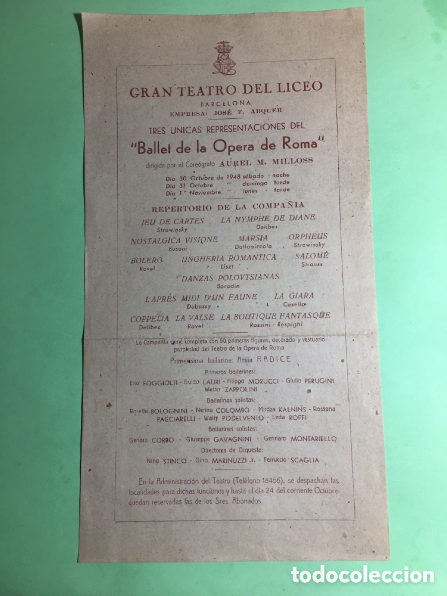 M&uacute;sica de colecci&oacute;n: 1948 10/11 LICEO BCN 3 &Uacute;NICAS REPRESENTACIONES BALLET DE LA &Oacute;PERA DE ROMA A. M . MILLOSS REPERTORIO