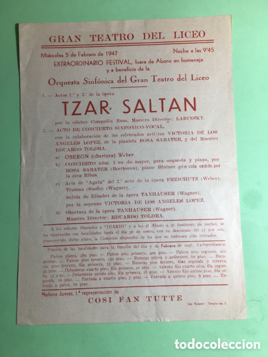 M&uacute;sica de colecci&oacute;n: 1947 5/2 LICEO BCN EXTRAORDINARIO FESTIVAL - &Oacute;PERA TZAR SALTAN DIRECTOR LABINSKY + CONCERT SINF&Oacute;NICO