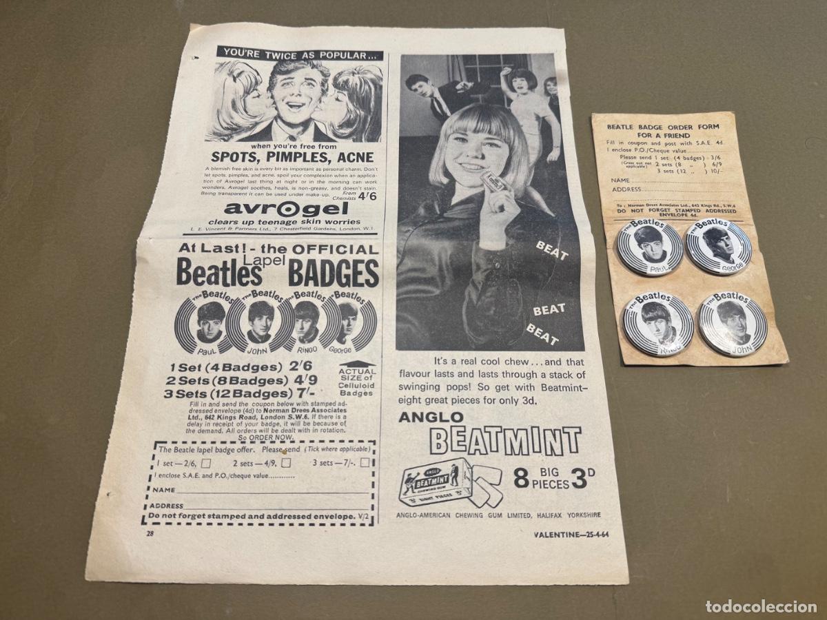 M&uacute;sica de cole&ccedil;&atilde;o: THE BEATLES BADGES CHAPAS ORIGINALES Y RECORTE DE PRENSA A&Ntilde;O 1964 (GBM)