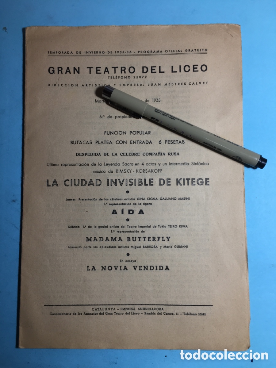 Musiksammlung: 1935/36 BCN PROGRAMA INVIERNO GRAN TEATRO DEL LICEO LA CIUDAD INVISIBLE DE KITEGE &hellip;etc.
