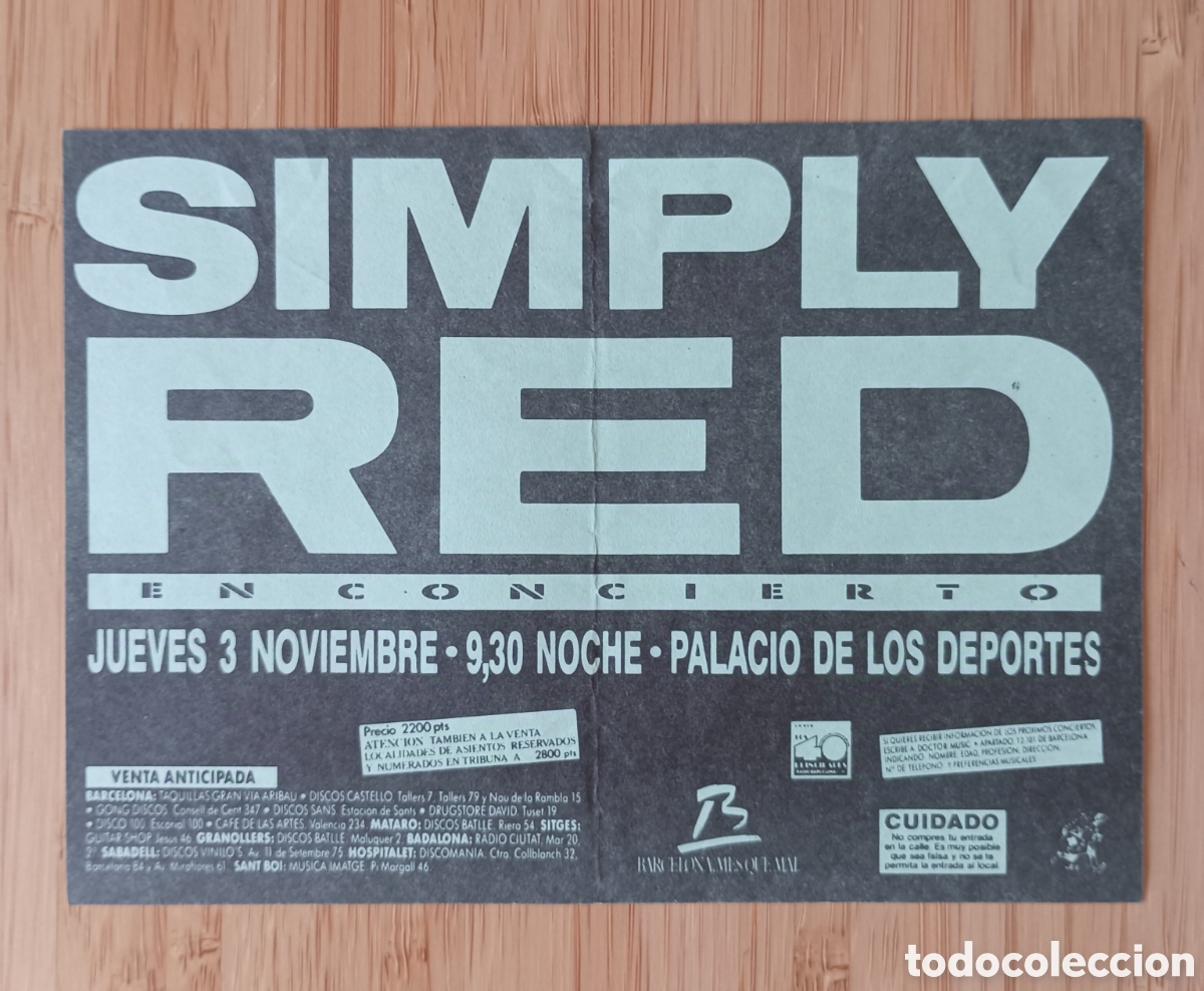 Collectible Music: FLAYER CONCIERTO SIMPLY RED 1988 PALACIO DE LOS DEPORTES DE BARCELONA