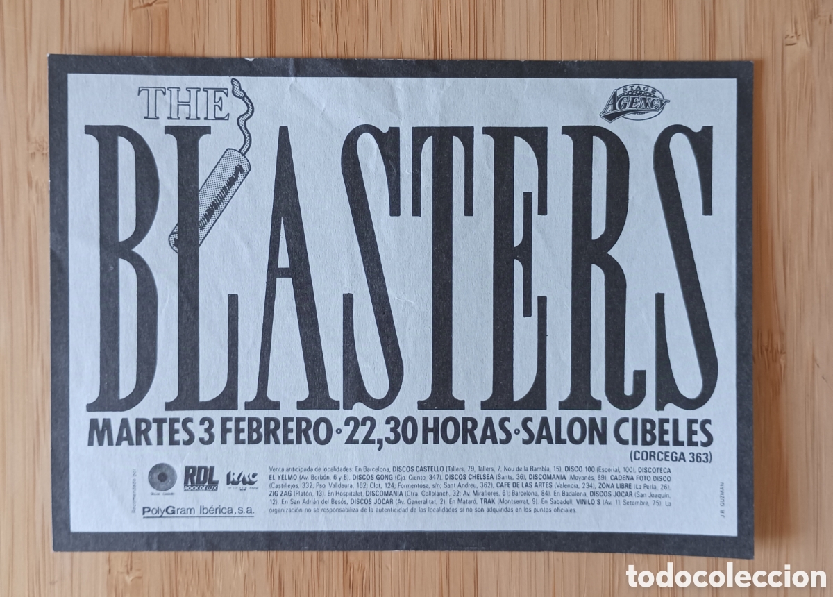 Collectible Music: FLAYER CONCIERTO THE BLASTERS 1987 EN SALON CIBELES DE BARCELONA.