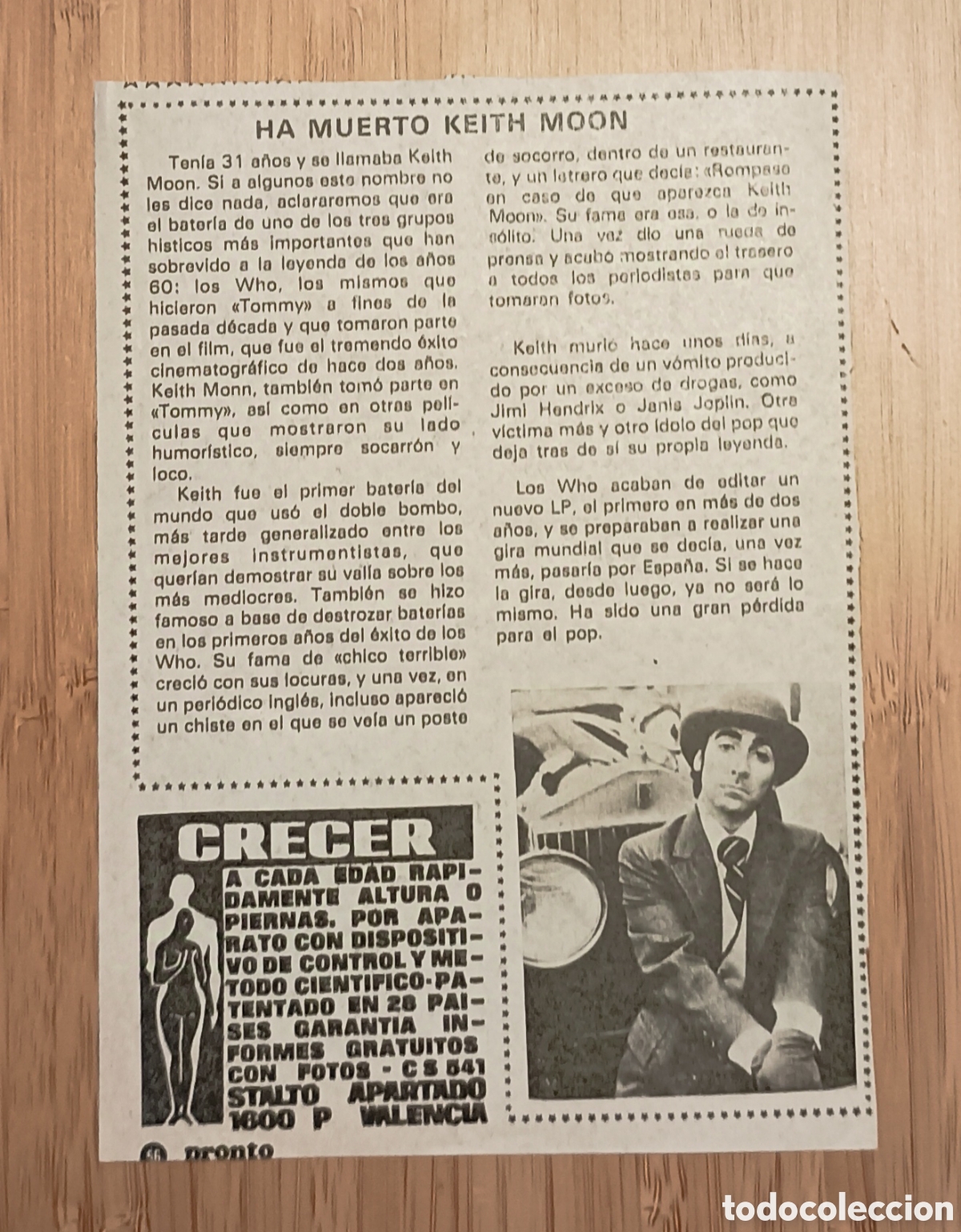 Collectible Music: RECORTE PRENSA MUERTE KEITH MOON, BATER&Iacute;A DE THE WHO. 1978