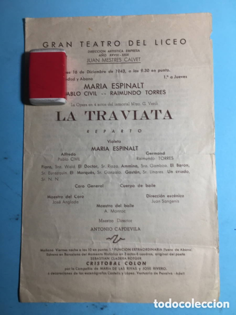 Musiksammlung: 1943 BCN TEATRO EL LICEO &ldquo;LA TRAVIATA&rdquo; DE VERDI CON VIOLETA ESPINALT etc&hellip;