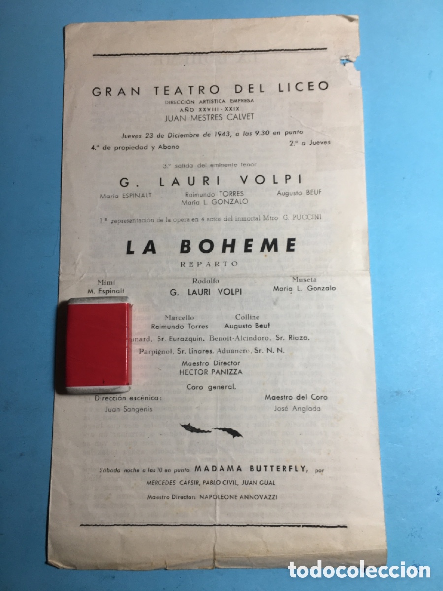 Musiksammlung: 1943 BCN GRAN TEATRO DEL LICEO &ldquo;LA BOH&Egrave;ME&rdquo; CON G. LAURI VOLPI Y MAR&Iacute;A ESPINALT