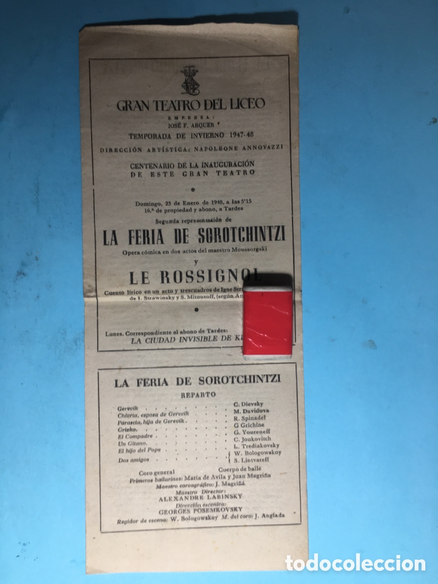 Musiksammlung: 1947/48 BCN 1&ordm; CENTENARIO GRAN TEATRO LICEO &ldquo;LA FERIA DE SOROTCHINTZI&rdquo; Y &ldquo;LE ROSSIGNOL&rdquo;