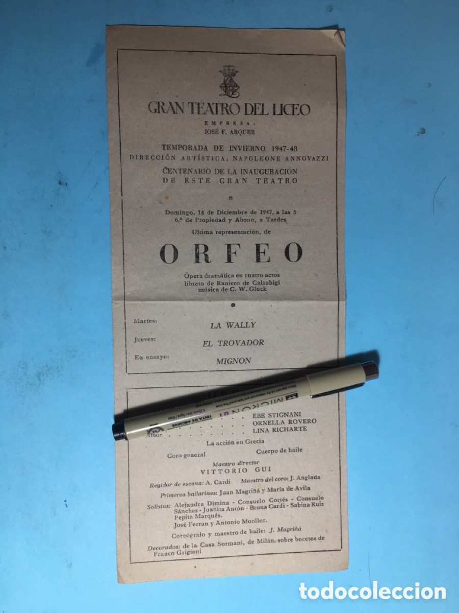 Musiksammlung: 1947/48 BCN LICEO 1&ordm; CENTENARIO ARGUMENTO DE 'ORFEO' DE GLUCK, 'LA WALLY', 'EL TROVADOR', 'MIGNON'