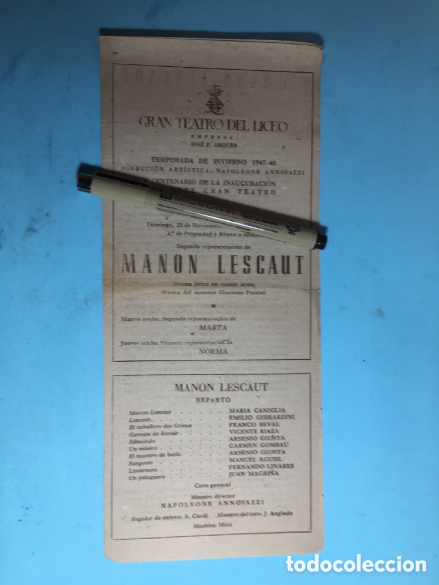 Musiksammlung: 1947/48 BCN LICEO 1&ordm; CENTENARIO - ARGUMENTO DE ''MANON LESCAUT&rdquo; DE PUCCINI &rdquo;MARTA&rdquo; &rdquo;NORMA&rdquo;