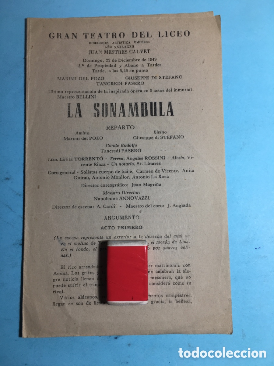 Musiksammlung: 1949 BCN GRAN TEATRO DEL LICEO ARGUMENTO Y REPARTO &ldquo;LA SON&Aacute;MBULA&rdquo; DE BELLINI CON GIUSEPPE DI STEFANO