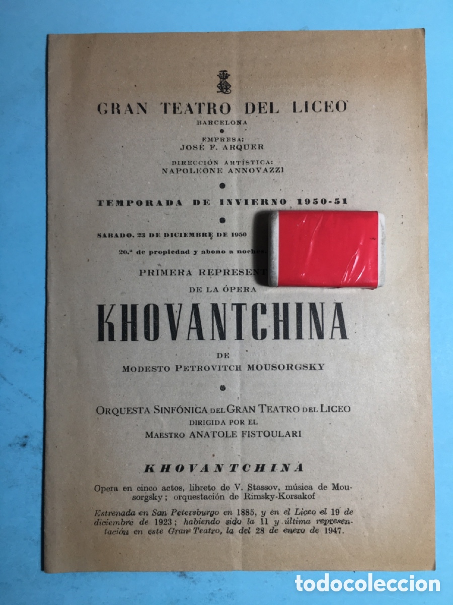 Musiksammlung: 1950/51 BARCELONA LICEO &ldquo;KHOVANTCHINA&rdquo; DE MOUSSORGSKY ORQUESTADA POR RIMSKY KORSAKOF DIR. FISTOULARI