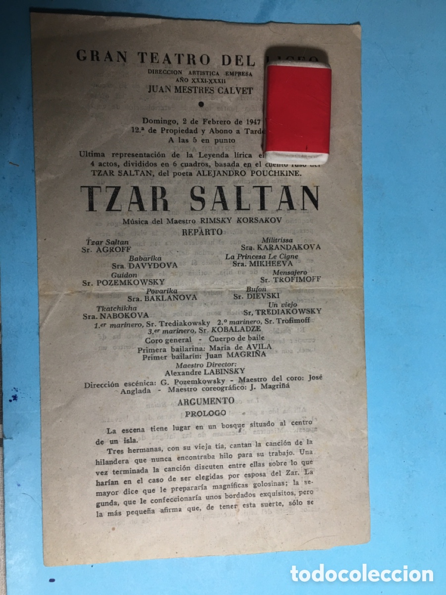 Musique de collection: 1947 BCN LICEO ARGUMENTO Y REPARTO &ldquo;TZAR SALTAN&rdquo; ALEJANDRO POUCHKINE RIMSKY KORSAKOV