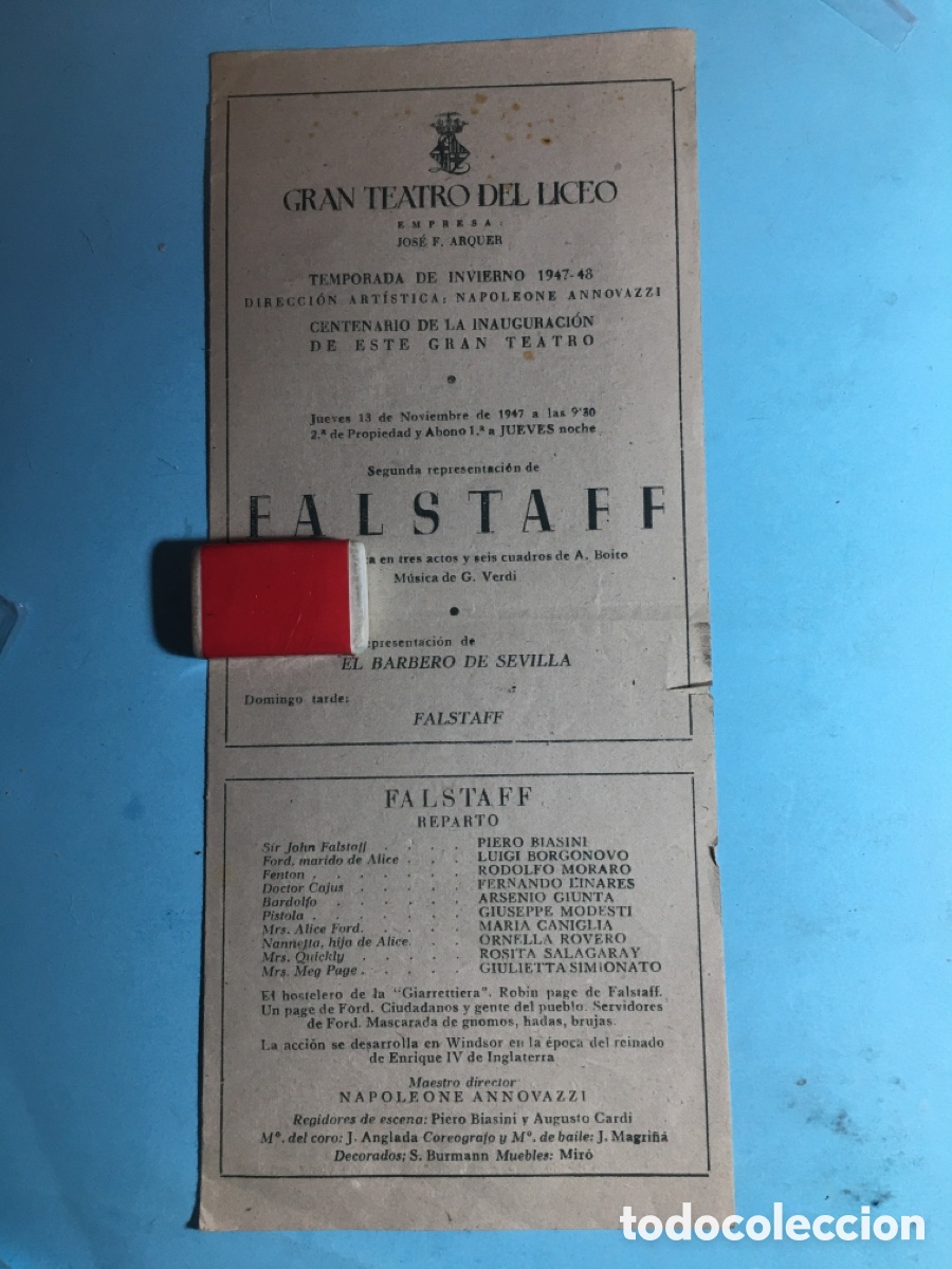 Musique de collection: 1947/48 1&ordm; CENTENARIO TEATRO LICEO DE BARCELONA &ldquo;FALSTAFF&rdquo; VERDI BIOGRAF&Iacute;A REPARTO ARGUMENTO