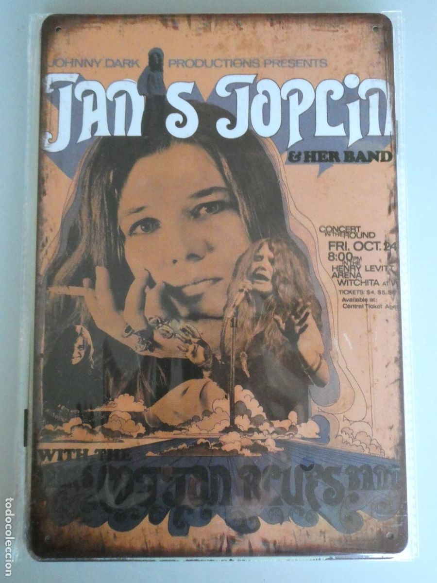 Musique de collection: PLACA CARTEL MET&Aacute;LICO. PUBLICIDAD GRUPO MUSICAL CANTANTE JANIS JOPLIN AND HER BAND. 30X20CM 140GR