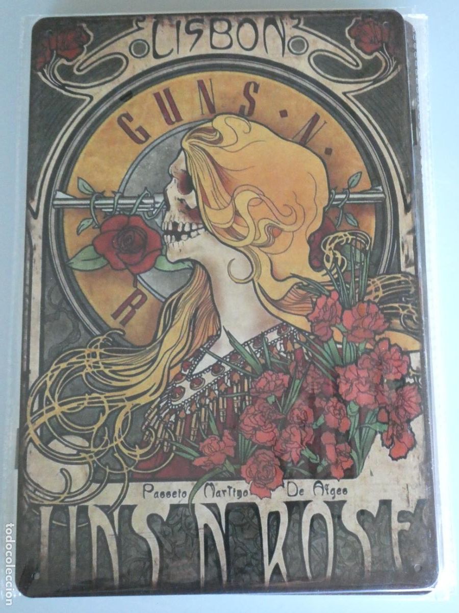 Musique de collection: PLACA CARTEL MET&Aacute;LICO. PUBLICIDAD GRUPO MUSICAL GUNS AND ROSES CONCIERTO LISBOA. 30X20CM 140GR