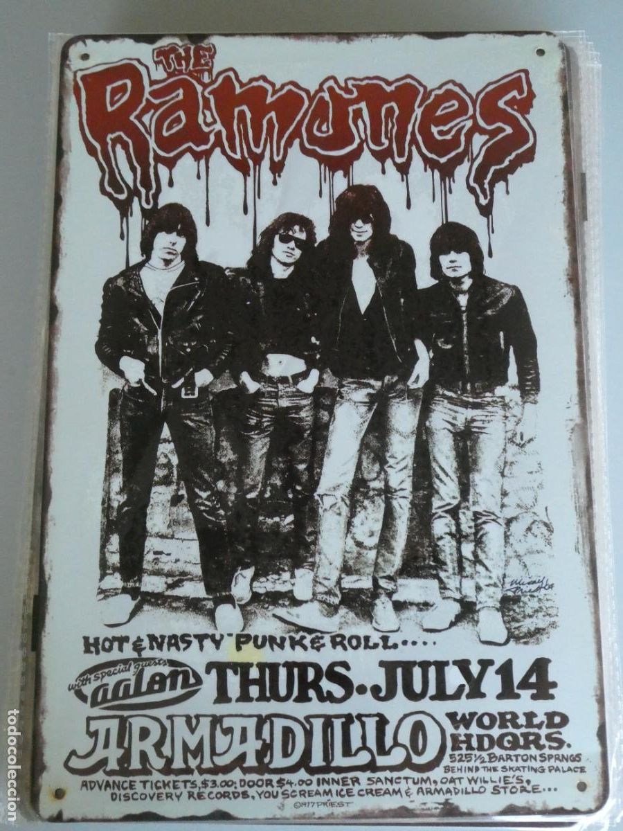 Musique de collection: PLACA CARTEL MET&Aacute;LICO. PUBLICIDAD GRUPO MUSICAL LOS RAMONES EN CONCIERTO ARMADILLO . 30X20CM 140GR