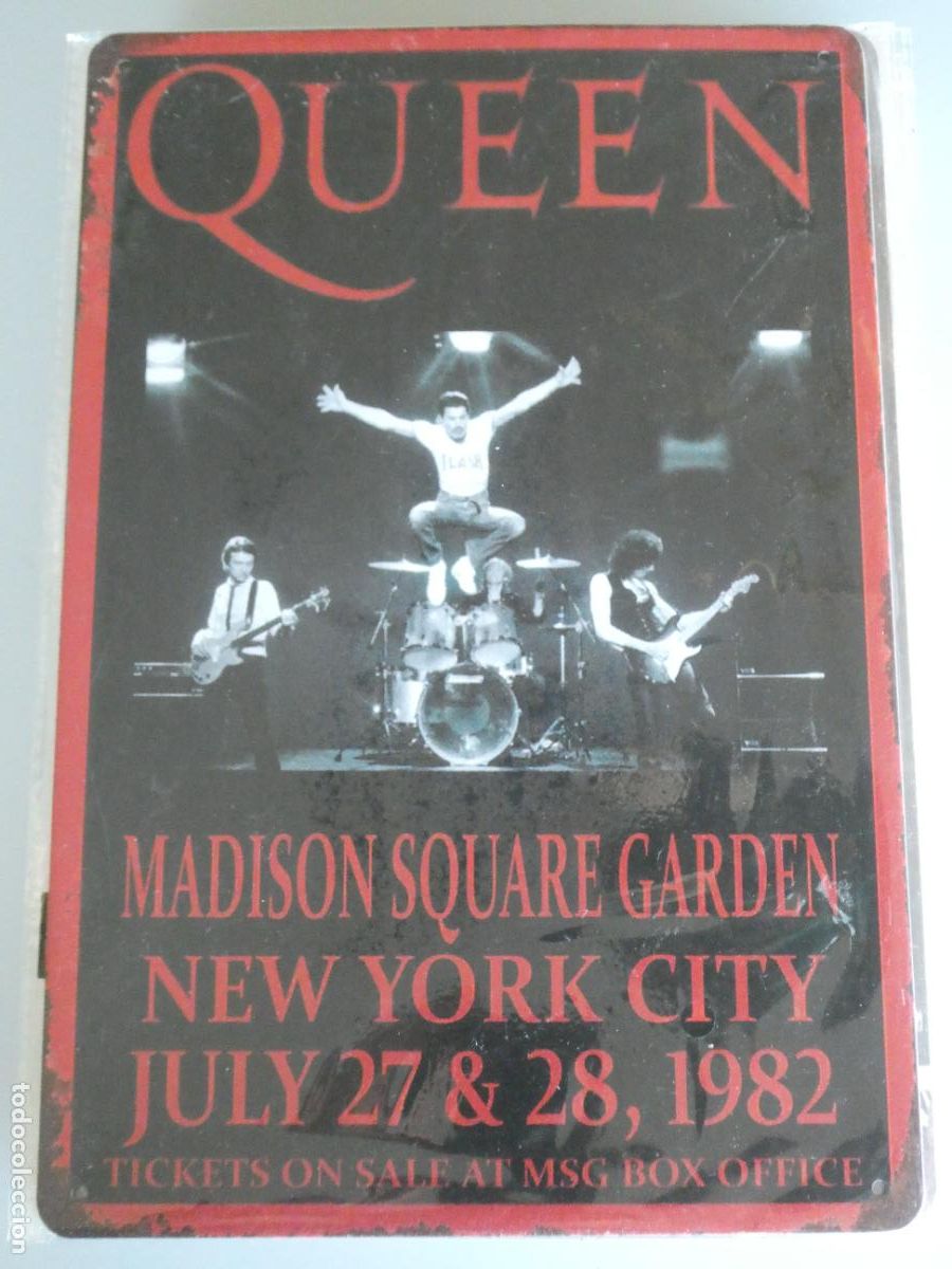 Musique de collection: PLACA CARTEL MET&Aacute;LICO. PUBLICIDAD GRUPO MUSICAL QUEEN CONCIERTO 1982 MADISON SQ GARDEN 30X20CM 140GR