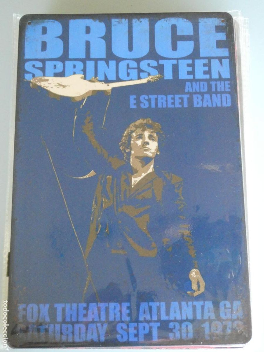 Musique de collection: PLACA CARTEL MET&Aacute;LICO. PUBLICIDAD GRUPO MUSICAL CANTANTE BRUCE SPRINGSTEEN 1979. 30X20CM 140GR
